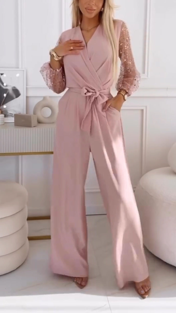 👑Traje casual de mujer con mangas abullonadas y escote en pico, decorado con lentejuelas.-ES
