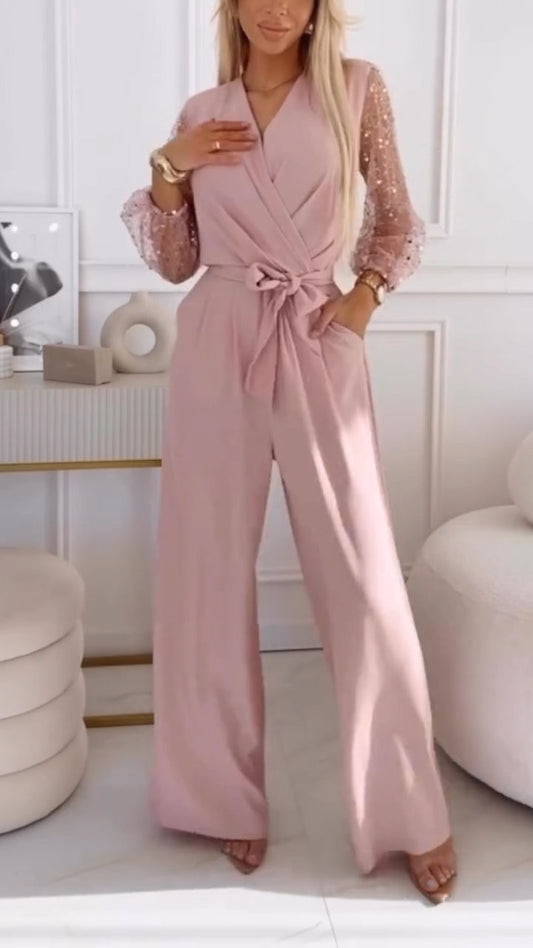 👑Traje casual de mujer con mangas abullonadas y escote en pico, decorado con lentejuelas.-ES