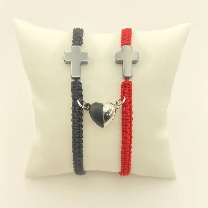 💕"Dos Corazones, Una Fe": una inspiradora pulsera cristiana con una cruz y una tarjeta con la bendición de Jesús.-ES