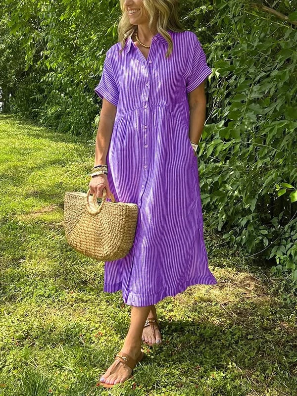Vestido camisero de rayas con solapas y botones | Con bolsillos funcionales-ES