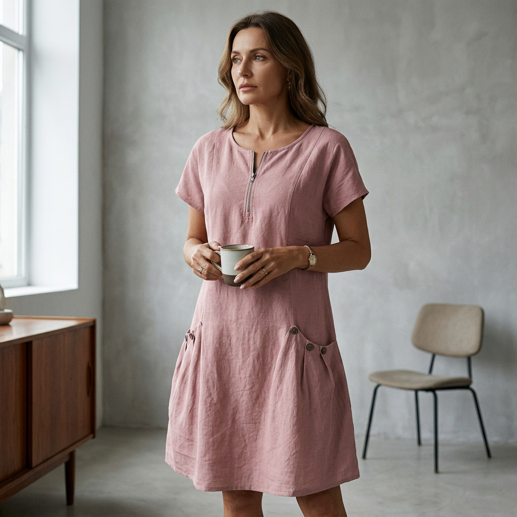 🎁Nauja prekė su 40% nuolaida💥Moteriška suknelė su puse užtrauktuku ir kišene su sagomis-LT