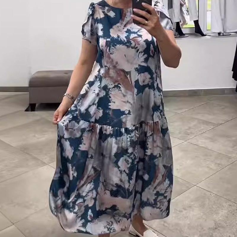 🌸Vestido floral con mangas cortas, escote redondo, corte holgado🌟-ES