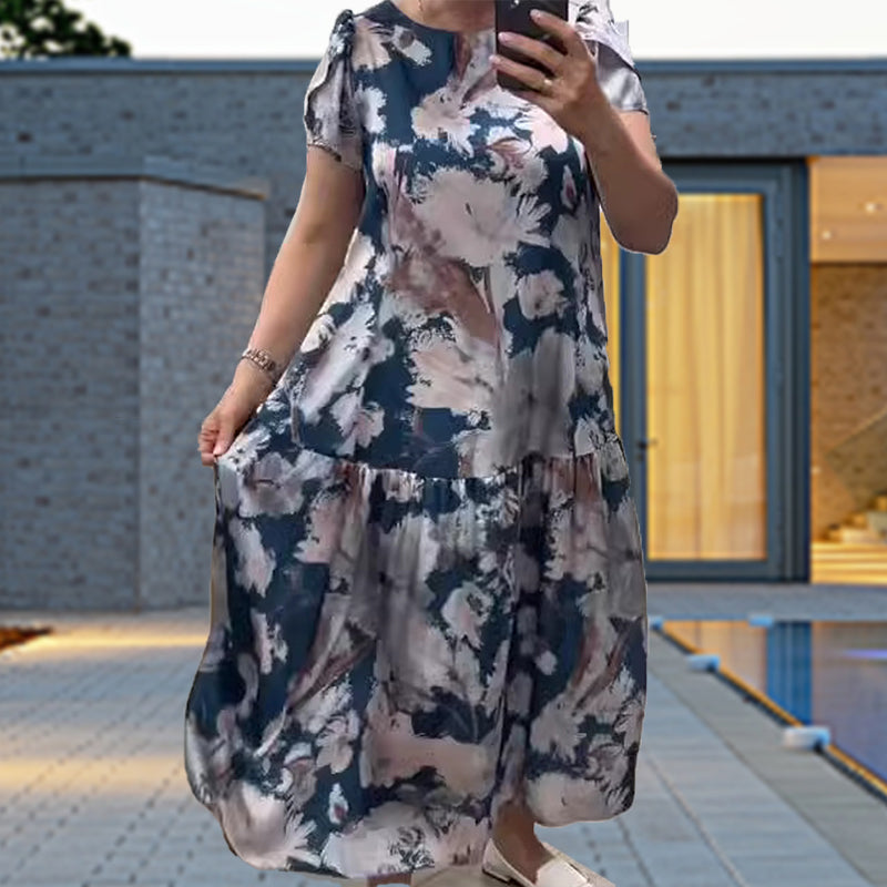 🌸Vestido floral con mangas cortas, escote redondo, corte holgado🌟-ES