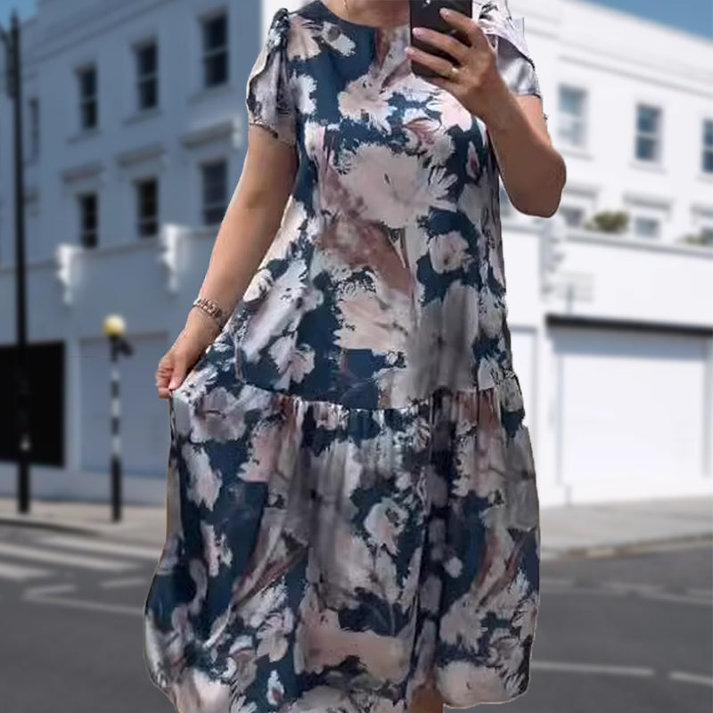 🌸Vestido floral con mangas cortas, escote redondo, corte holgado🌟-ES