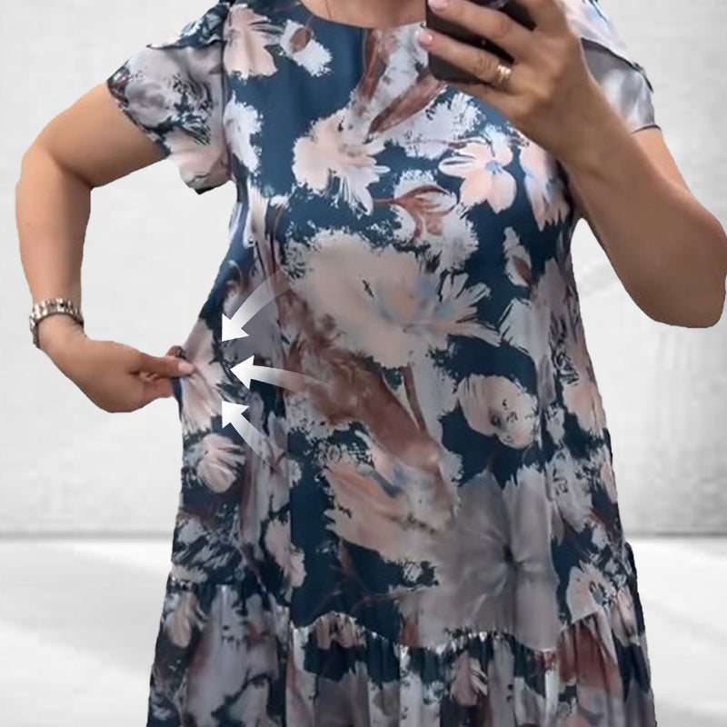 🌸Vestido floral con mangas cortas, escote redondo, corte holgado🌟-ES