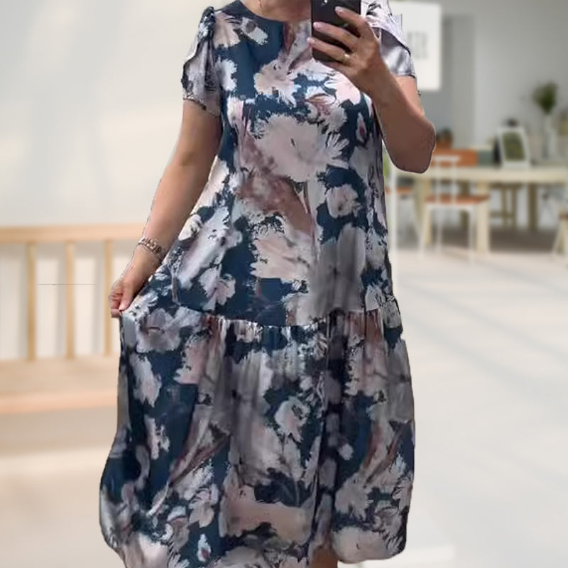 🌸Vestido floral con mangas cortas, escote redondo, corte holgado🌟-ES