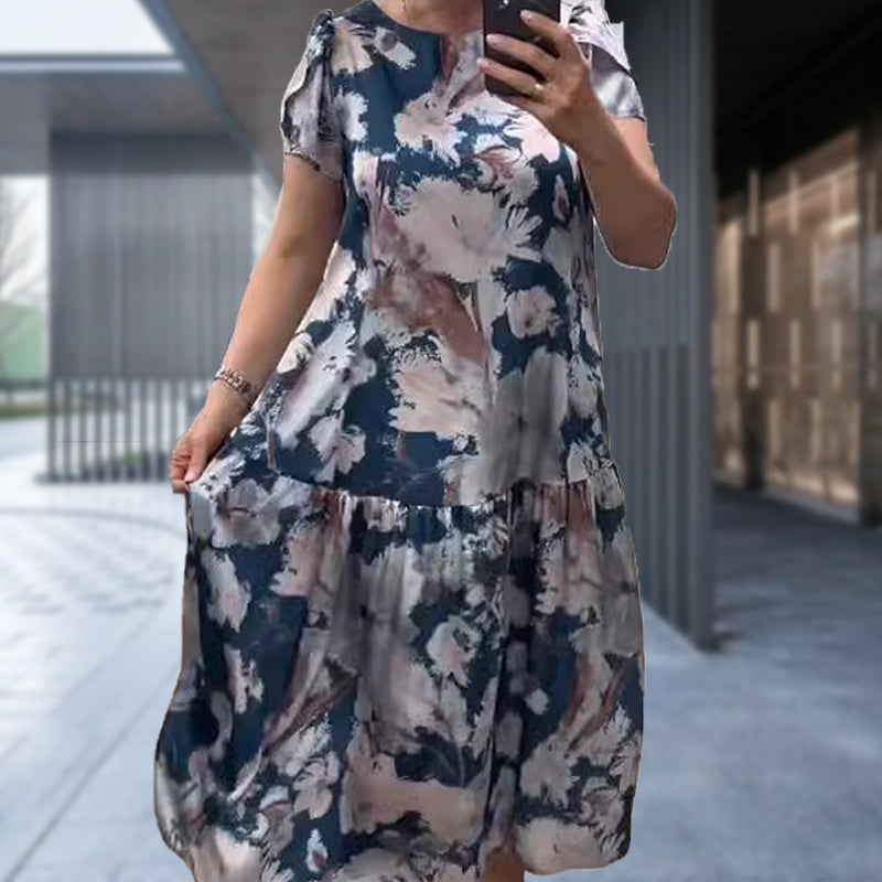 🌸Vestido floral con mangas cortas, escote redondo, corte holgado🌟-ES