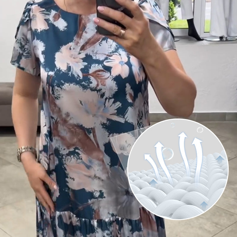 🌸Vestido floral con mangas cortas, escote redondo, corte holgado🌟-ES