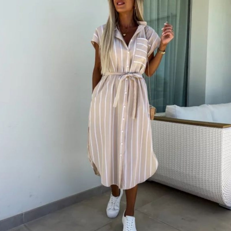 🔥 Casual πουκάμισα φορέματα με ριγέ τσέπες για γυναίκες-GR