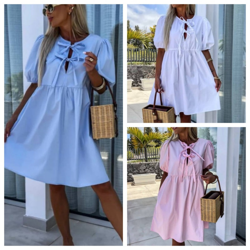 💕Vestido con mangas abullonadas y lazo delantero en color puro-ES