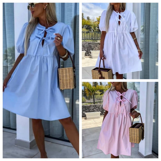 💕Vestido con mangas abullonadas y lazo delantero en color puro-ES