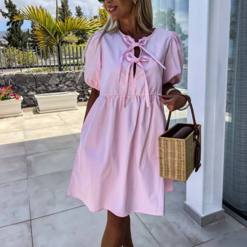 💕Vestido con mangas abullonadas y lazo delantero en color puro-ES