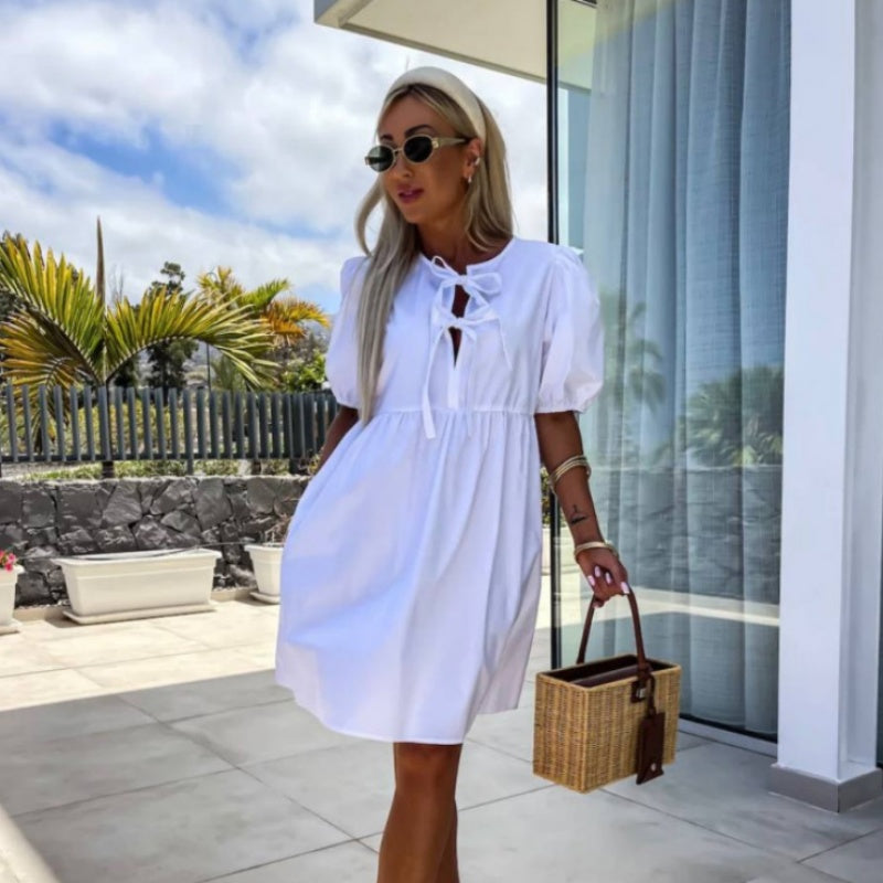 💕Vestido con mangas abullonadas y lazo delantero en color puro-ES