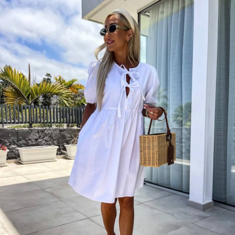 💕Vestido con mangas abullonadas y lazo delantero en color puro-ES