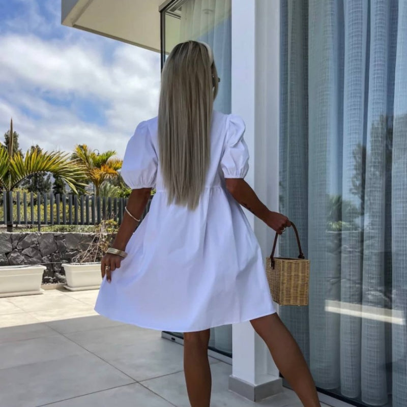 💕Vestido con mangas abullonadas y lazo delantero en color puro-ES