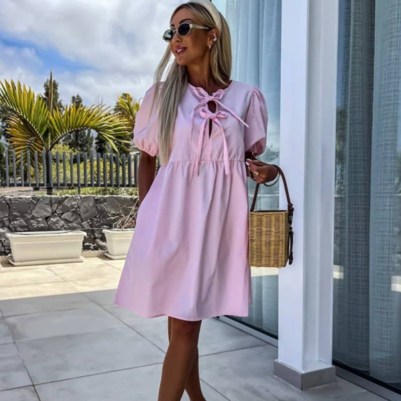 💕Vestido con mangas abullonadas y lazo delantero en color puro-ES