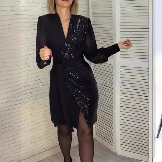 💟Vestido de mujer con escote en pico y lentejuelas-ES
