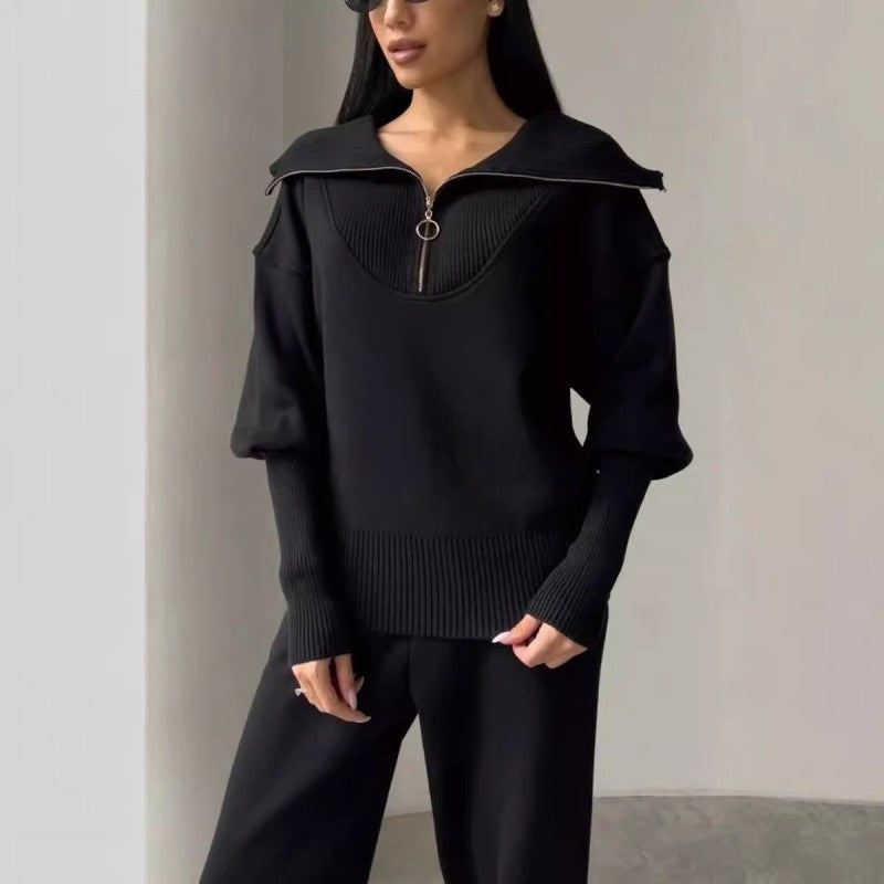 ✨Conjunto de 2 piezas - Conjunto casual deportivo para mujer ✨- Blusa con media cremallera y solapas y chándal a juego-ES