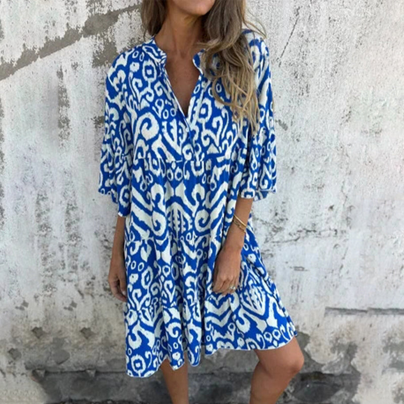 🌸Vestido estampado con escote en pico y mangas tres cuartos-ES
