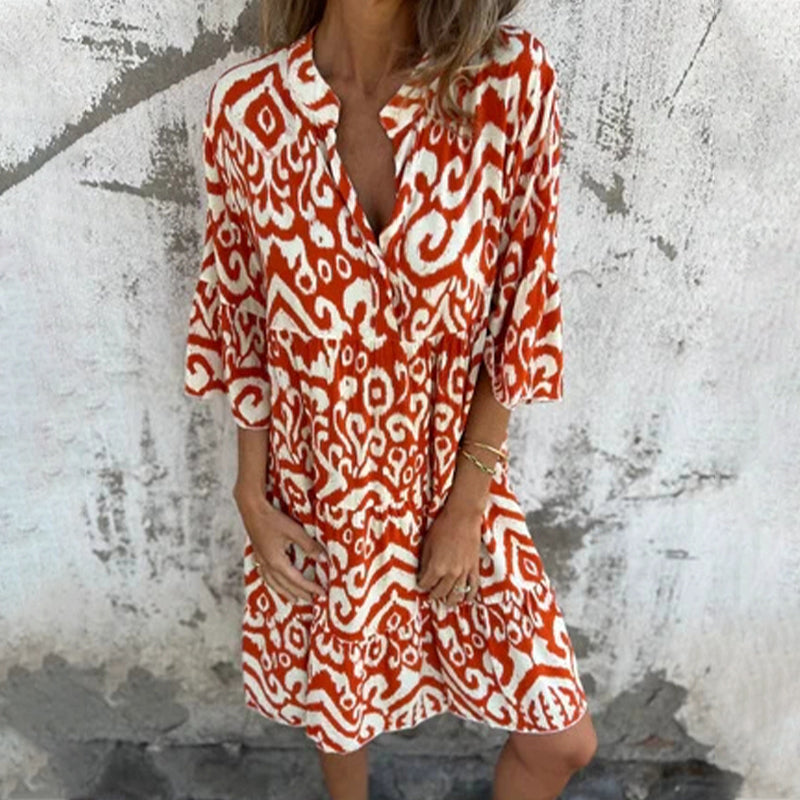 🌸Vestido estampado con escote en pico y mangas tres cuartos-ES