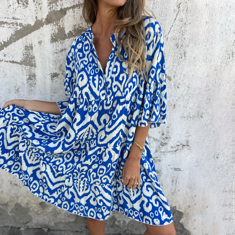 🌸Vestido estampado con escote en pico y mangas tres cuartos-ES