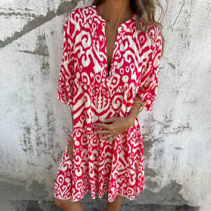 🌸Vestido estampado con escote en pico y mangas tres cuartos-ES