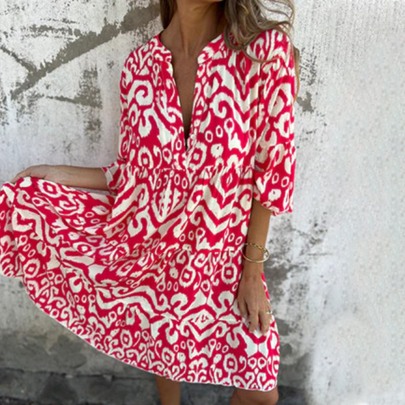 🌸Vestido estampado con escote en pico y mangas tres cuartos-ES