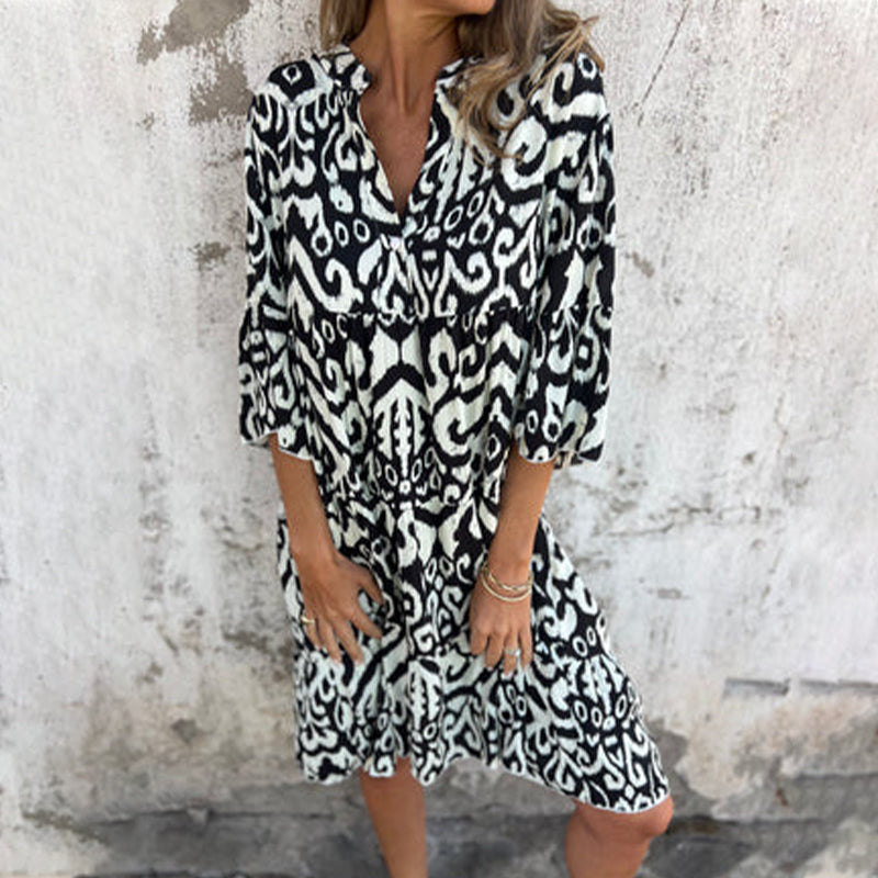 🌸Vestido estampado con escote en pico y mangas tres cuartos-ES
