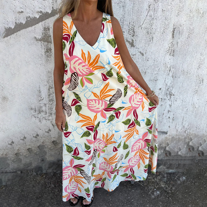 Vestido moderno sin tirantes, escote en V y bolsillos-ES