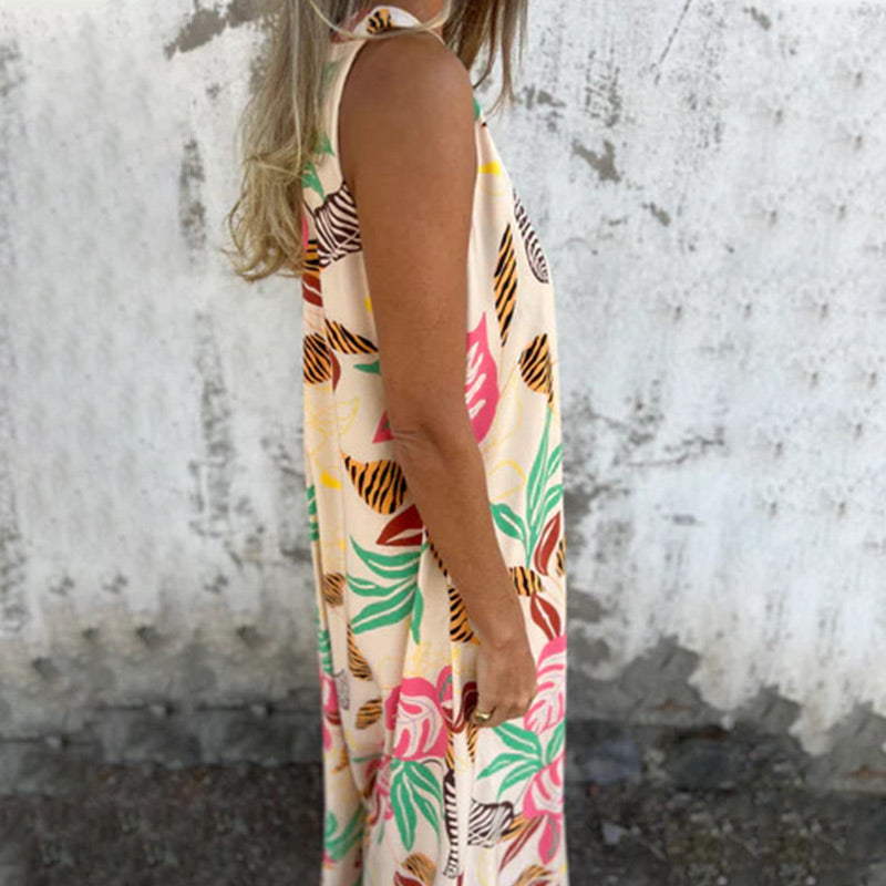 Vestido moderno sin tirantes, escote en V y bolsillos-ES