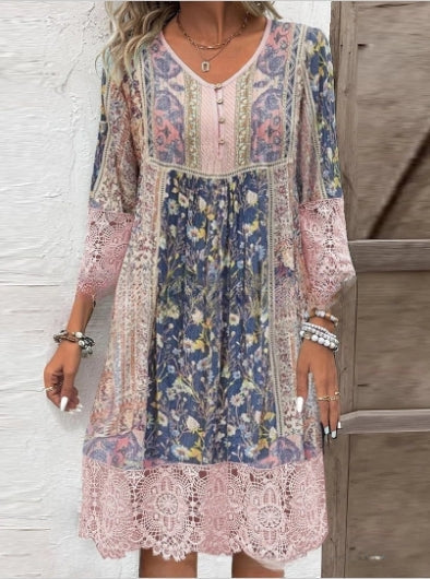 💃Vestido estampado vintage con encaje-ES