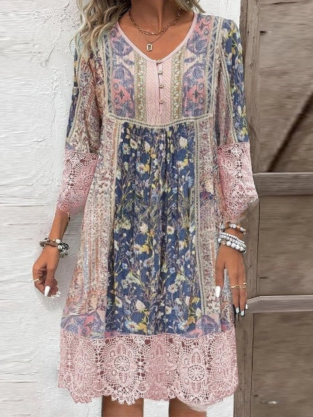 💃Vestido estampado vintage con encaje-ES