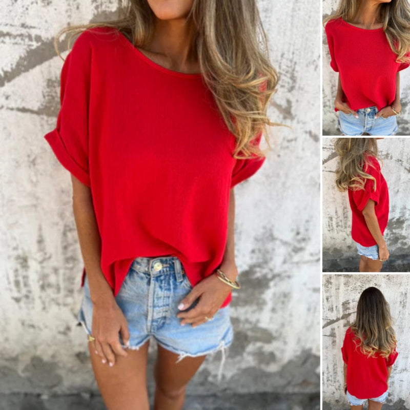 Top de manga corta con cuello redondo en color liso-ES