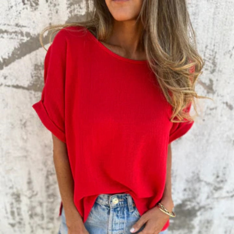 Top de manga corta con cuello redondo en color liso-ES