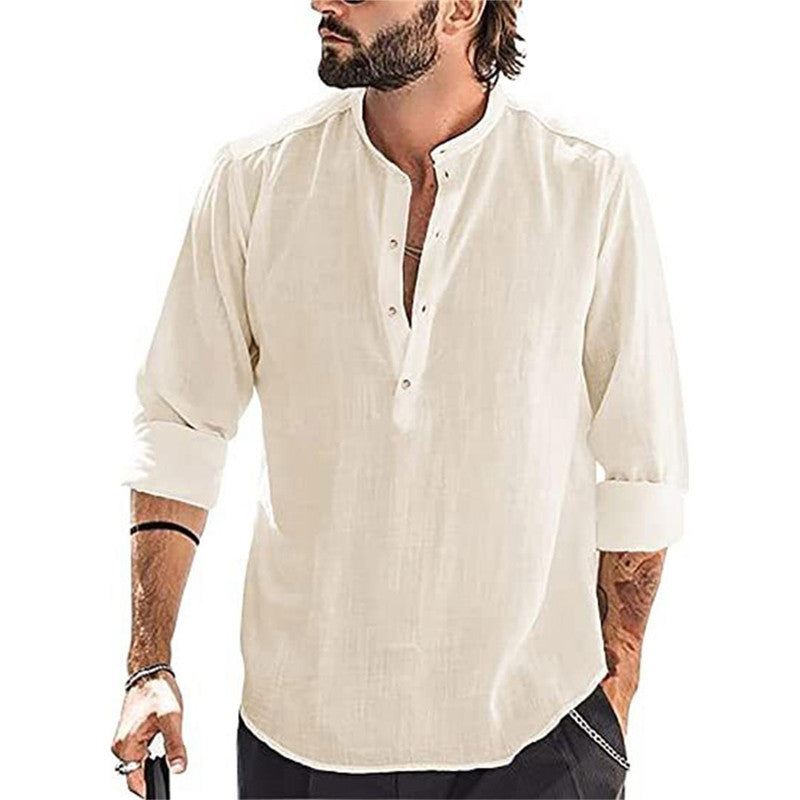 Camisa informal de manga larga de algodón y lino para hombre 2025-ES
