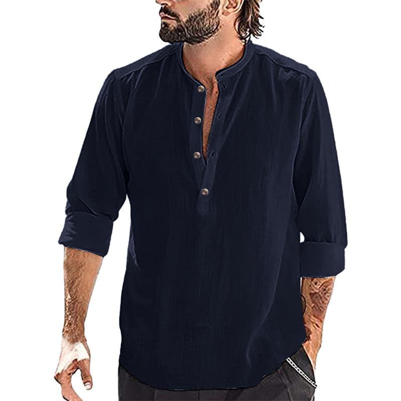 Camisa informal de manga larga de algodón y lino para hombre 2025-ES