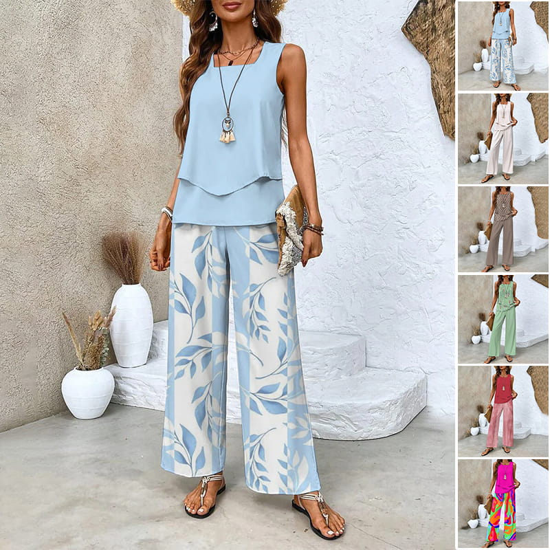 🌺Pantalón de 2 piezas sin mangas y estampado para mujer-ES