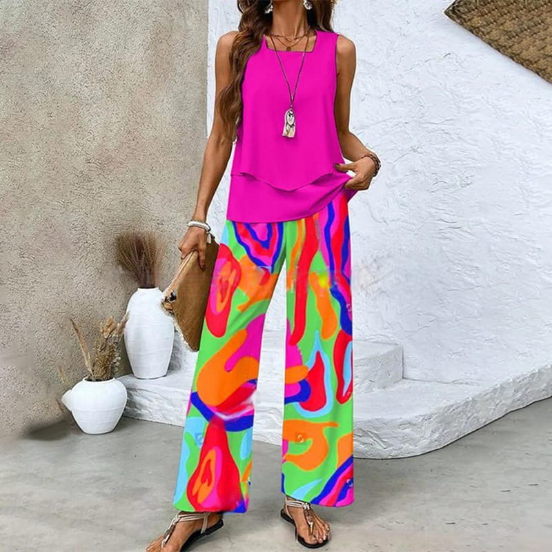 🌺Pantalón de 2 piezas sin mangas y estampado para mujer-ES