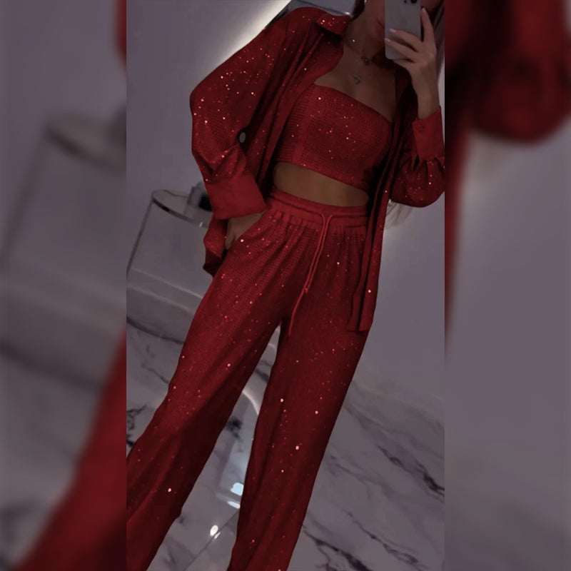 Πανέμορφο blazer, άνετη φόδρα και φαρδύ παντελόνι (σετ 3 τεμαχίων)-GR