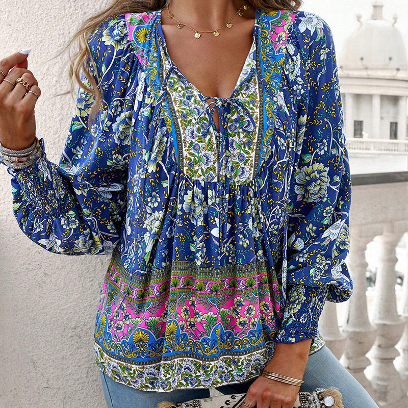 【S-2XL】🌺Camiseta estampada de manga larga con cuello en V para mujer-ES