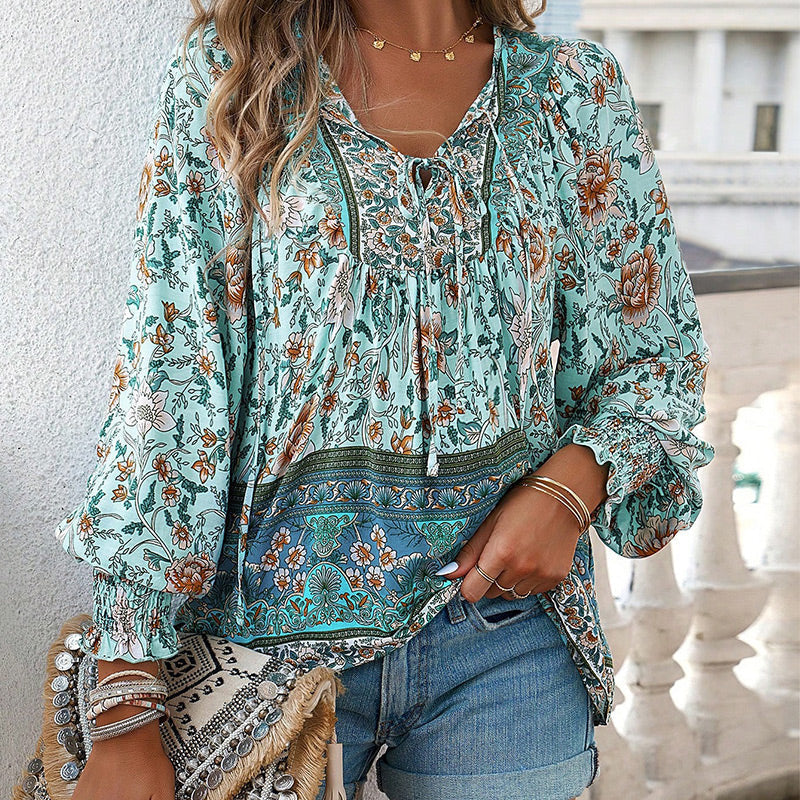 【S-2XL】🌺Camiseta estampada de manga larga con cuello en V para mujer-ES