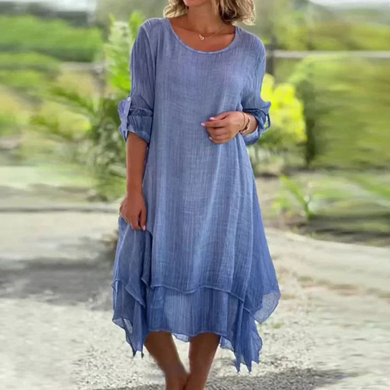 💕Ženska elegantna enobarvna ohlapna obleka z okroglim izrezom-SI