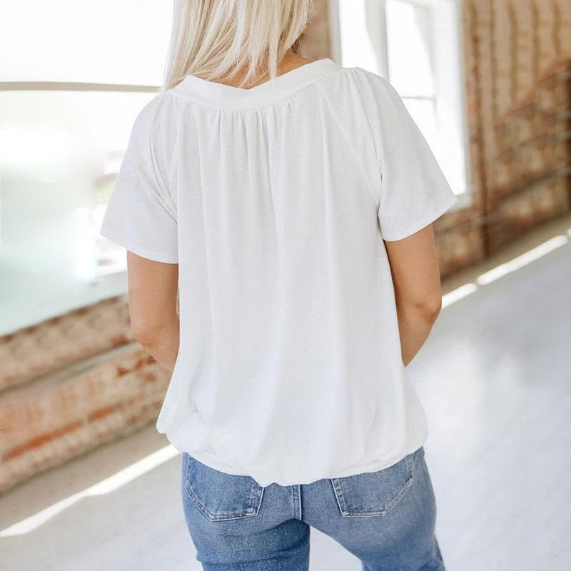 💖Γυναικείο casual πλισέ τοπ με κοντό μανίκι και λαιμόκοψη σε σχήμα V-GR