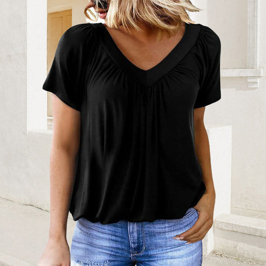 💖Top plisado casual de mujer con mangas cortas y cuello en V-ES