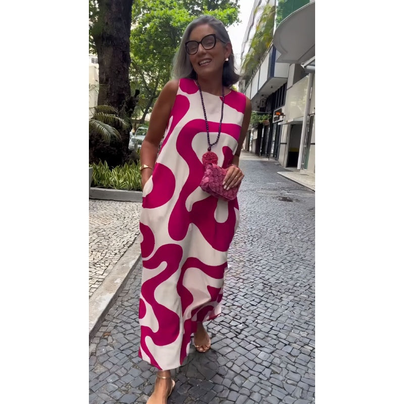 Vestidos casuales de moda sin mangas con cuello redondo y estampados-ES