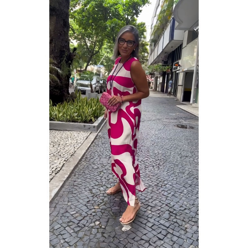 Vestidos casuales de moda sin mangas con cuello redondo y estampados-ES