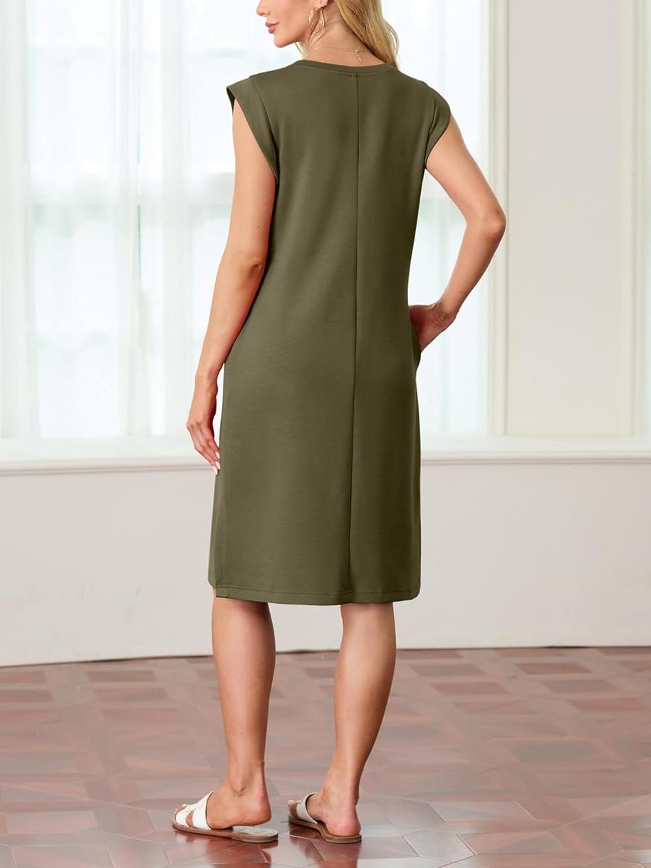 💖Vestido midi holgado de mujer con escote redondo y bolsillos-ES