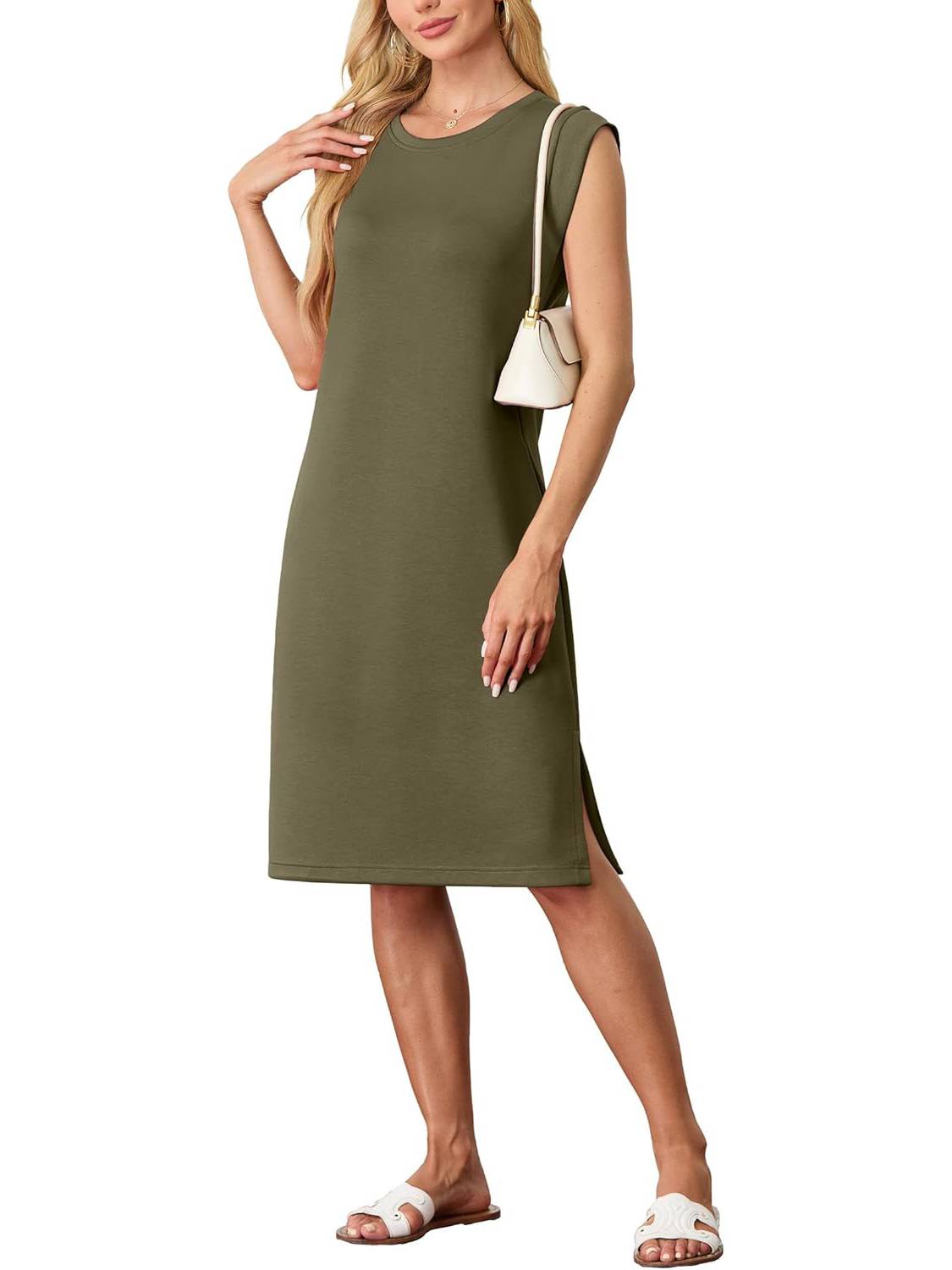 💖Vestido midi holgado de mujer con escote redondo y bolsillos-ES