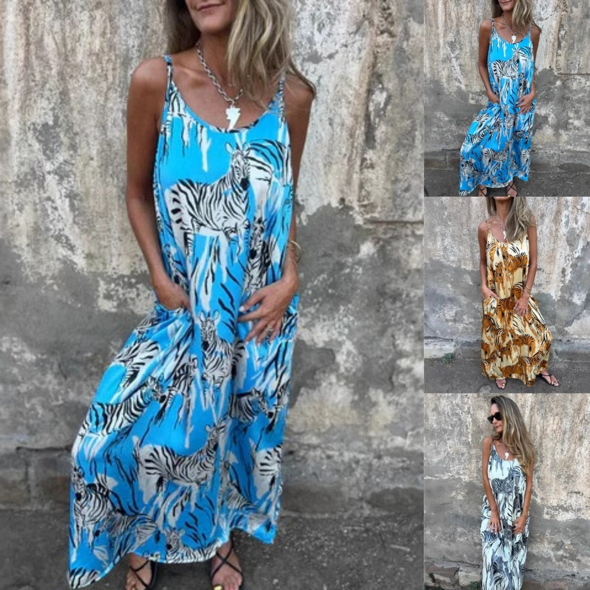 💙Vestido sin espalda con tirantes finos estampados para mujer-ES