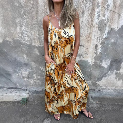 💙Vestido sin espalda con tirantes finos estampados para mujer-ES